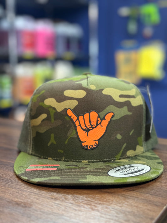 Shaka Orange with green camo trucker